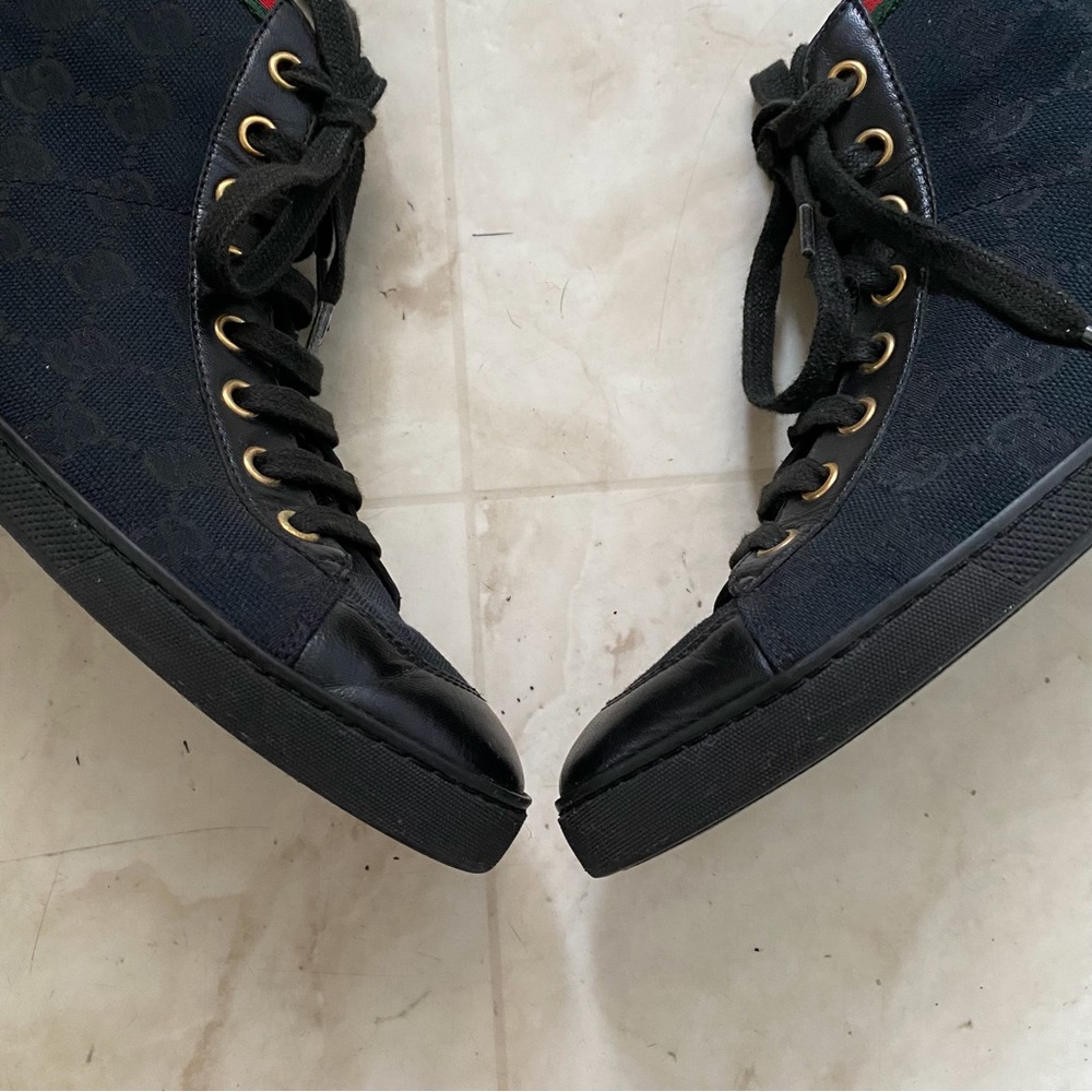 $985 Gucci Made in Italy GG Monogram Black Leather Canvas High Top Sneakers 5.5 - Picture 4 of 13